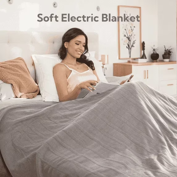SUNNY HEAT Heated Electric Blanket Full Size 72''x84''- 4 Heat Levels & 10 Hours Auto-off, Fast Heating & Over-Heat Protection, Light Grey