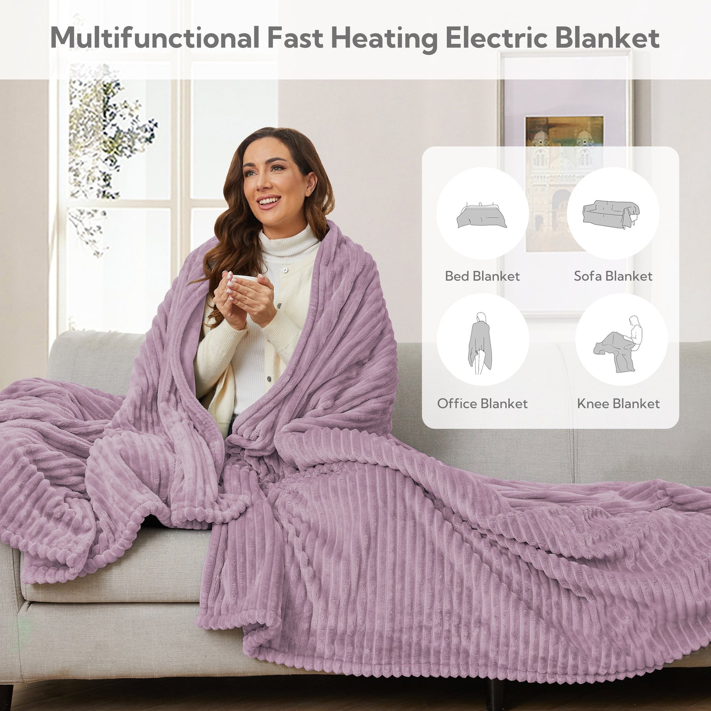 Heated Electric Blanket Ribbed Flannel 72"x84" Full Size - 10 Heating Settings & 12 Hours Auto off, Thick and Warm Washable - Purple