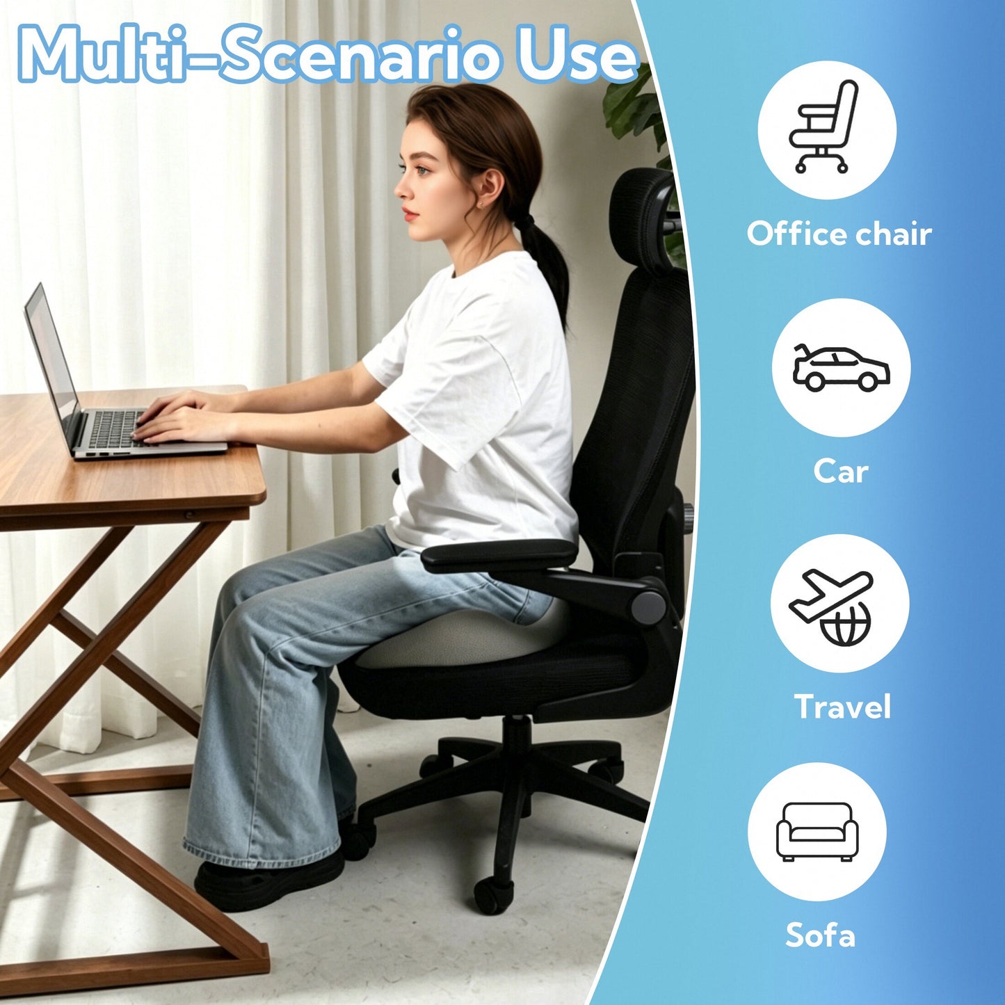 SUNNY HEAT Orthopedic Memory Foam Chair Cushion 17x14x3 - Pressure Relief Pad for Sitting, Coccyx Sciatica Pain Relief, Non-Slip Blue & White Cushion for Office Car Wheelchair