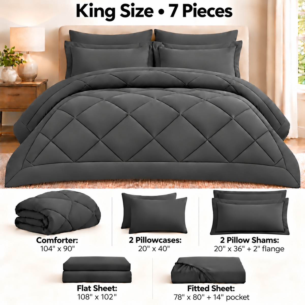 SUNNY HEAT King Comforter Set 7 Piece Bed in a Bag, Soft All Season Bedding Set with Comforter, Flat Sheet, Fitted Sheet, Pillowcases and Shams, Machine Washable, Dark Grey