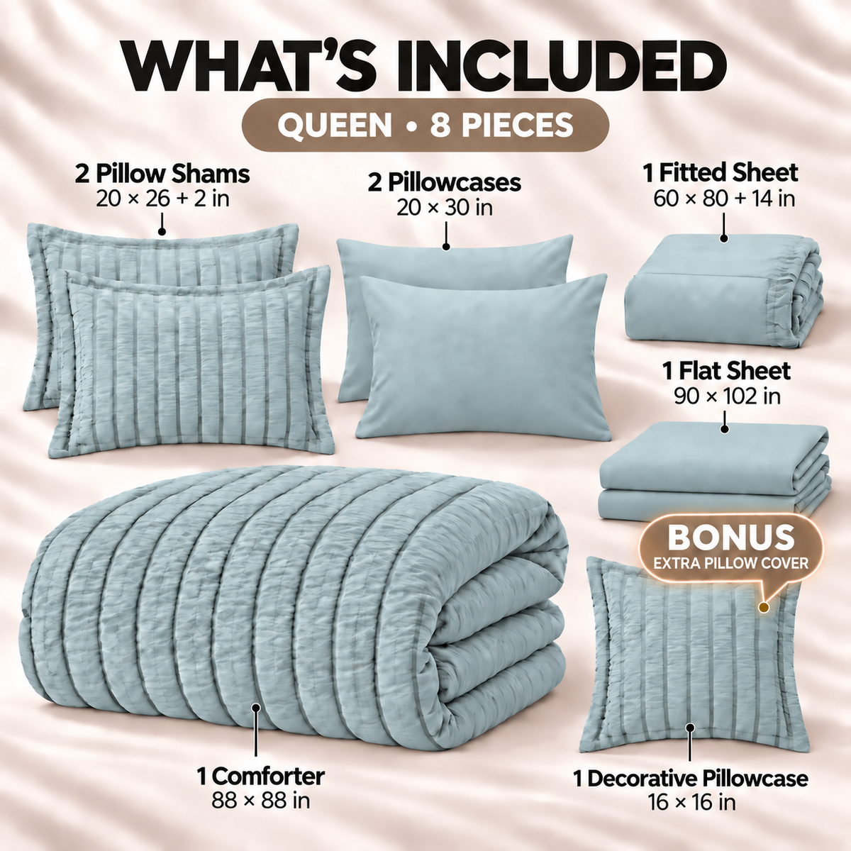 SUNNY HEAT Queen Size 8 Piece Seersucker Comforter Set, Soft Lightweight Bed in a Bag, Breathable All Season Bedding with Sheets, Pillowcases & Shams,Light Blue