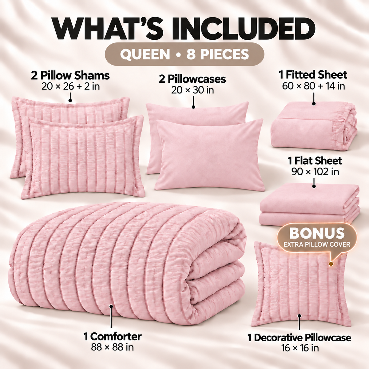 SUNNY HEAT Queen Size 8 Piece Seersucker Comforter Set, Soft Lightweight Bed in a Bag, Breathable All Season Bedding with Sheets, Pillowcases & Shams, Pink