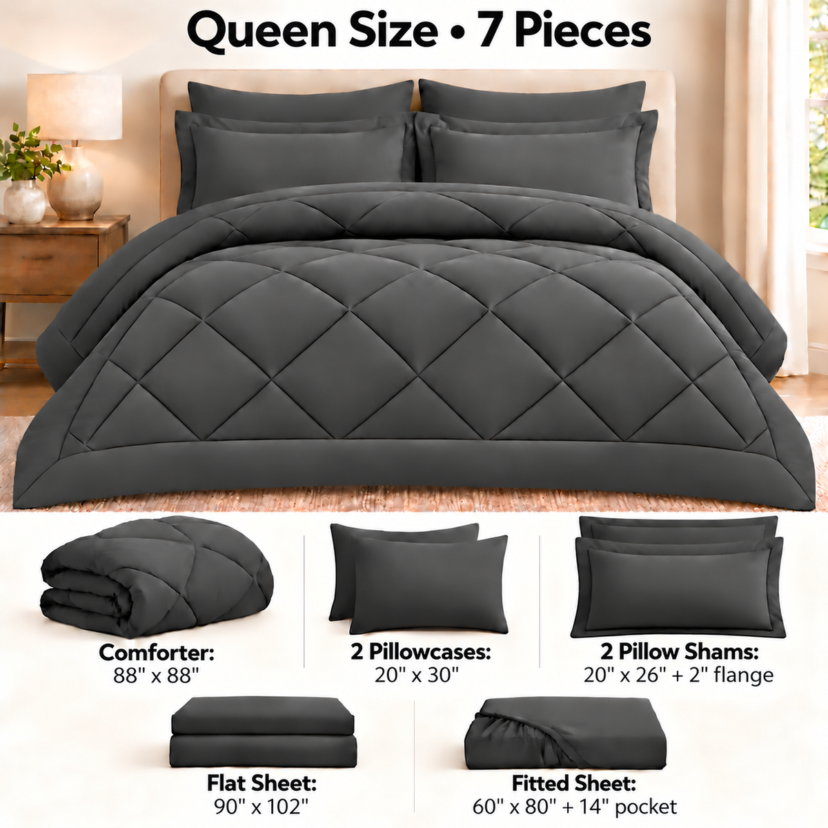 SUNNY HEAT Queen Comforter Set 7 Piece Bed in a Bag, Soft All Season Bedding Set with Comforter, Flat Sheet, Fitted Sheet, Pillowcases and Shams, Machine Washable, Dark Grey