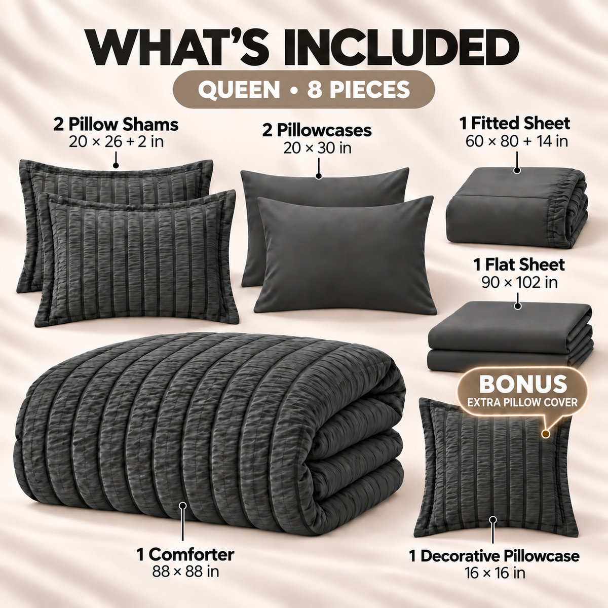 SUNNY HEAT Queen Size 8 Piece Seersucker Comforter Set, Soft Lightweight Bed in a Bag, Breathable All Season Bedding with Sheets, Pillowcases & Shams, Dark Grey