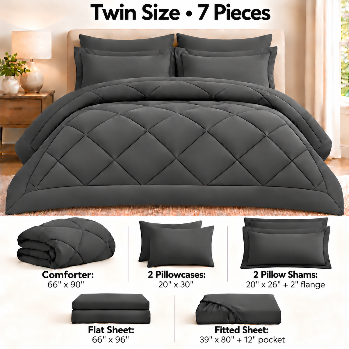 SUNNY HEAT Twin Comforter Set 7 Piece Bed in a Bag, Soft All Season Bedding Set with Comforter, Flat Sheet, Fitted Sheet, Pillowcases and Shams, Machine Washable, Dark Grey