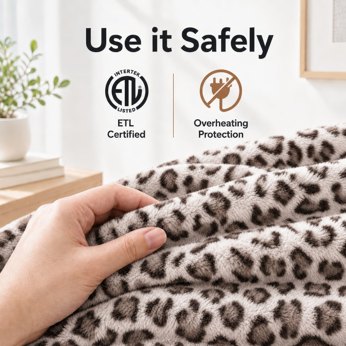 SUNNY HEAT Electric Blanket Heated Throw 50" x 60" -Fast Heating 9 Levels & 10H Auto off, Warm Soft Fannel Machine Washable, for Bed/Couch/Office, Beige Leopard Print