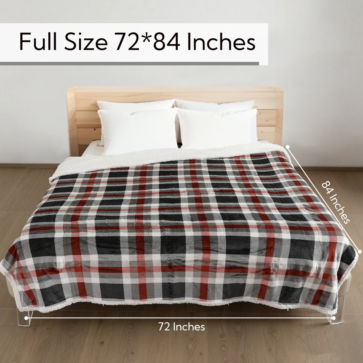 SUNNY HEAT Electric Heated Blanket 72"x84" Full Size, 10 Heating Levels & 12 H Auto Shut Off, Cotton & Microplush Plaid, Gray & Red & White