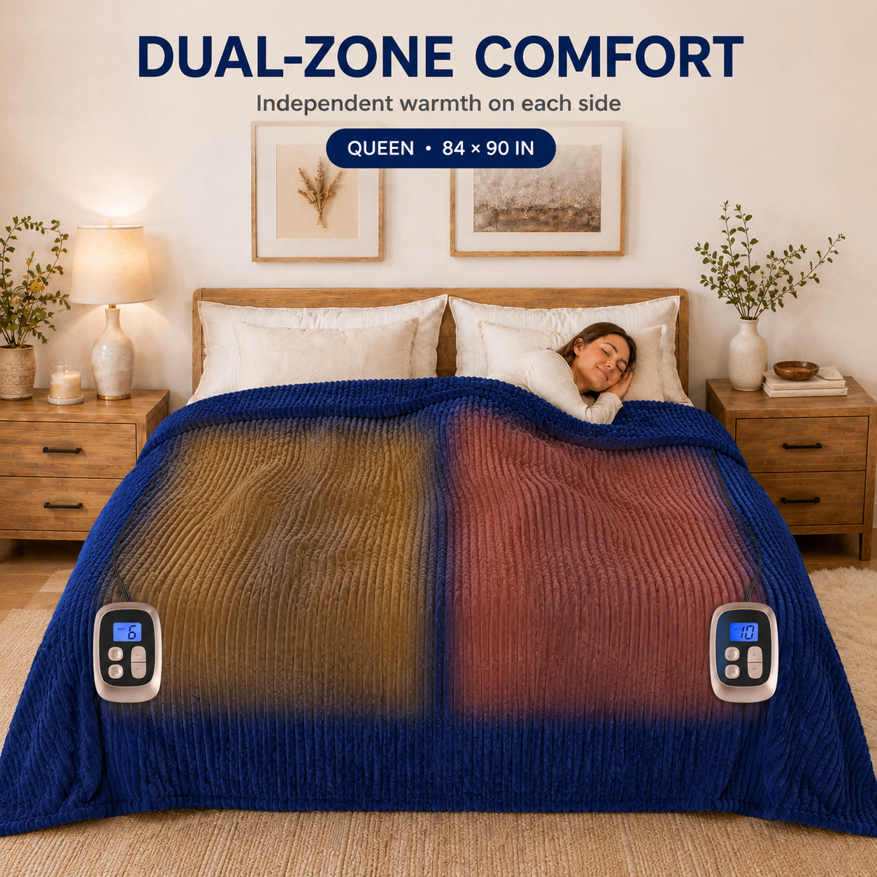 SUNNY HEAT Electric Heated Blanket 84'' x 90'' Queen Size Flannel Machine Washable, Warm and Cozy all Night, 9 Heating Levels & 1-10 Hours Auto Off Dual Control-Navy Blue