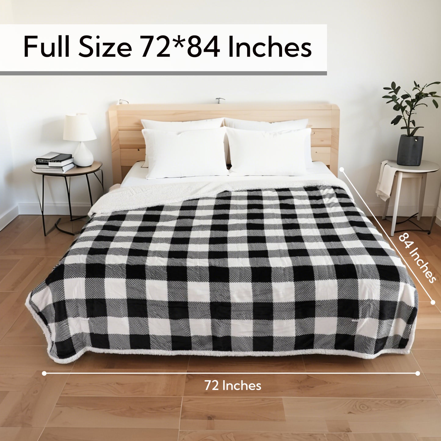SUNNY HEAT Electric Heated Blanket 72"x84" Full Size, 10 Heating Levels & 12 H Auto Shut Off, Cotton & Microplush Plaid, Black & White
