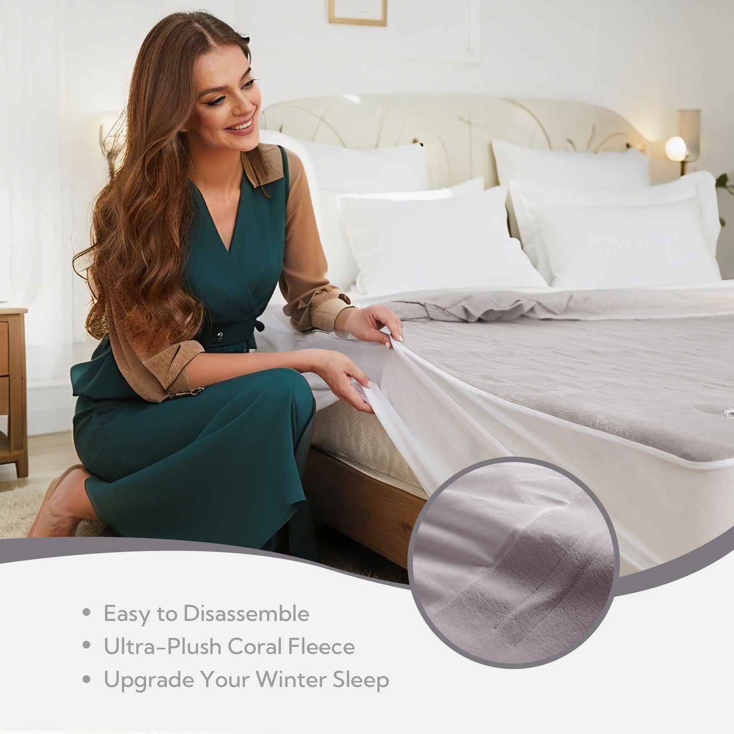 SUNNY HEAT Electric Mattress Pad King Size with Dual Control 4 Temperature 10H Auto-off, Coral Fleece, Light Grey