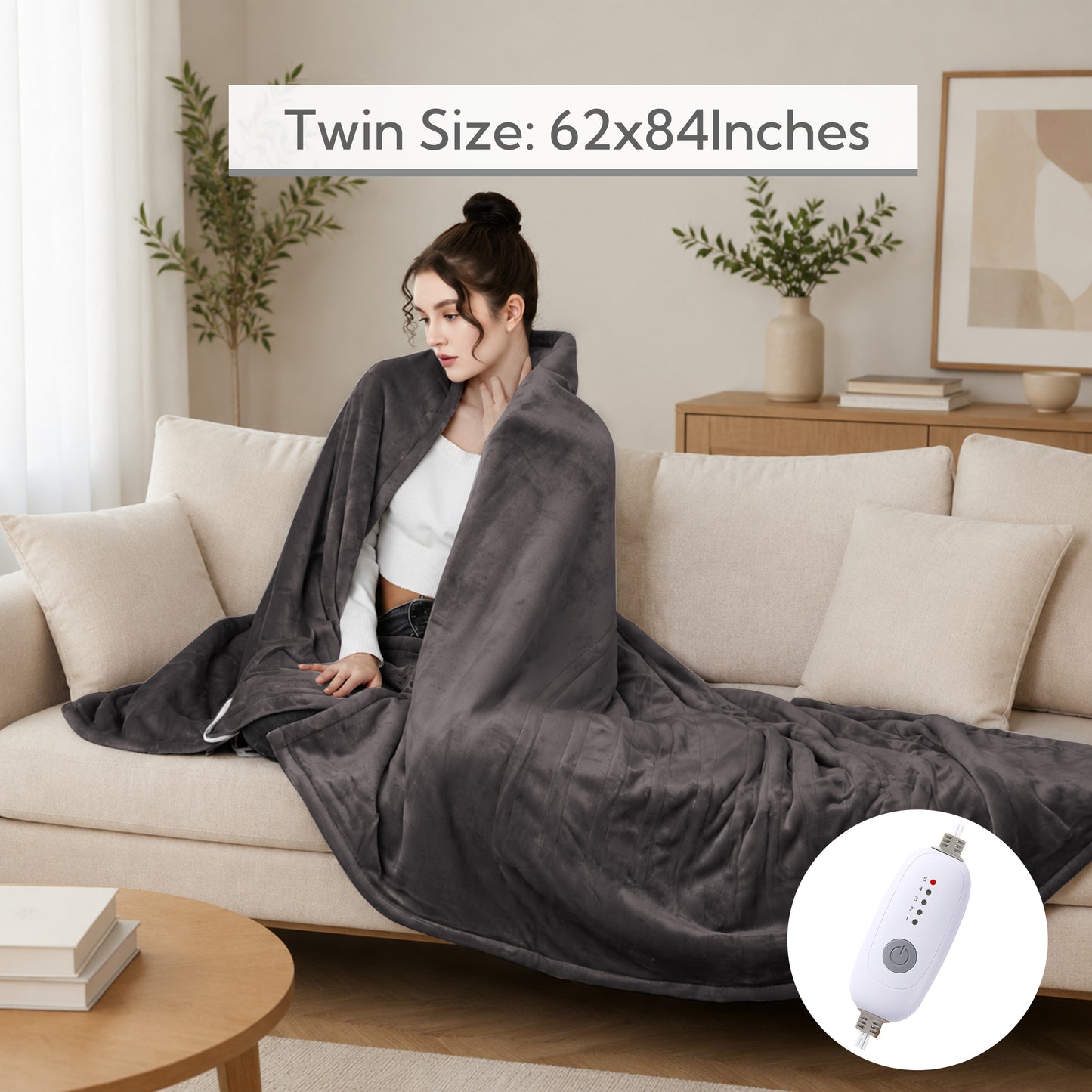 SUNNY HEAT Electric Heated Blanket Twin Size 62" x 84" Soft Flannel with 5 Levels Heating & 10Hs Auto off, Machine Washable, Dark Gray
