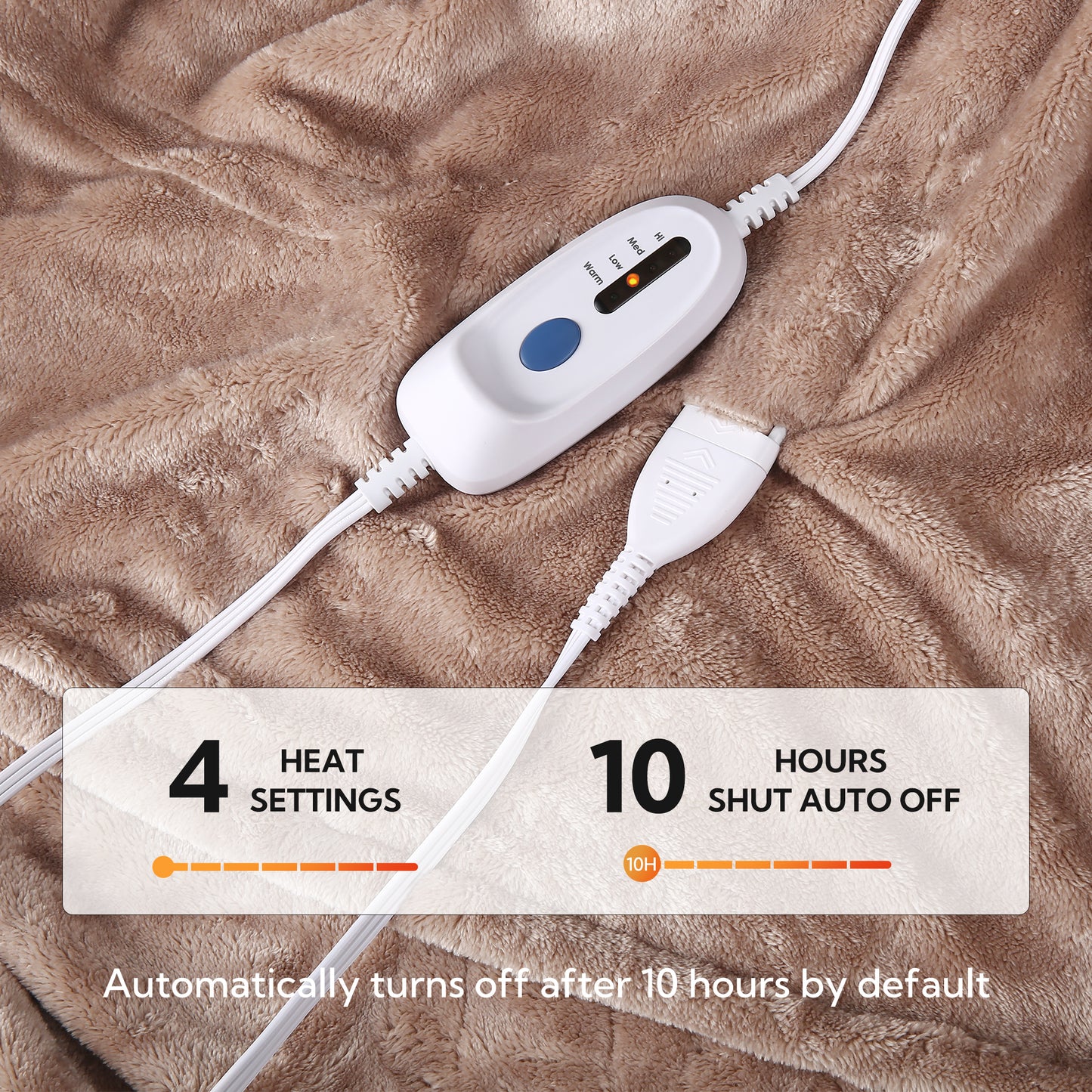 Electric Heated Blanket 72'' x 84'', Soft and Lightweight Plush Double-Sided Flannel Electric Blanket, Camel