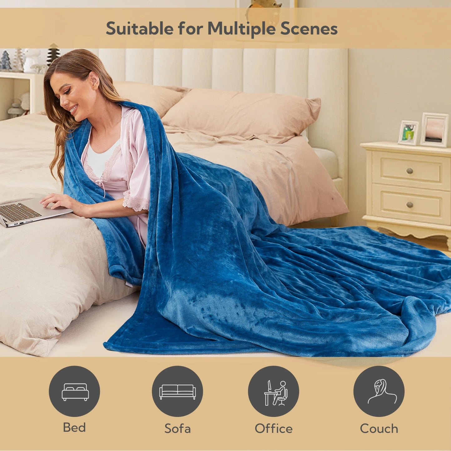 SUNNY HEAT Electric Heated Blanket Flannel King Size 90" x 100" Dual Control, 4 Heating Settings & 10 Hours Auto Off, Blue