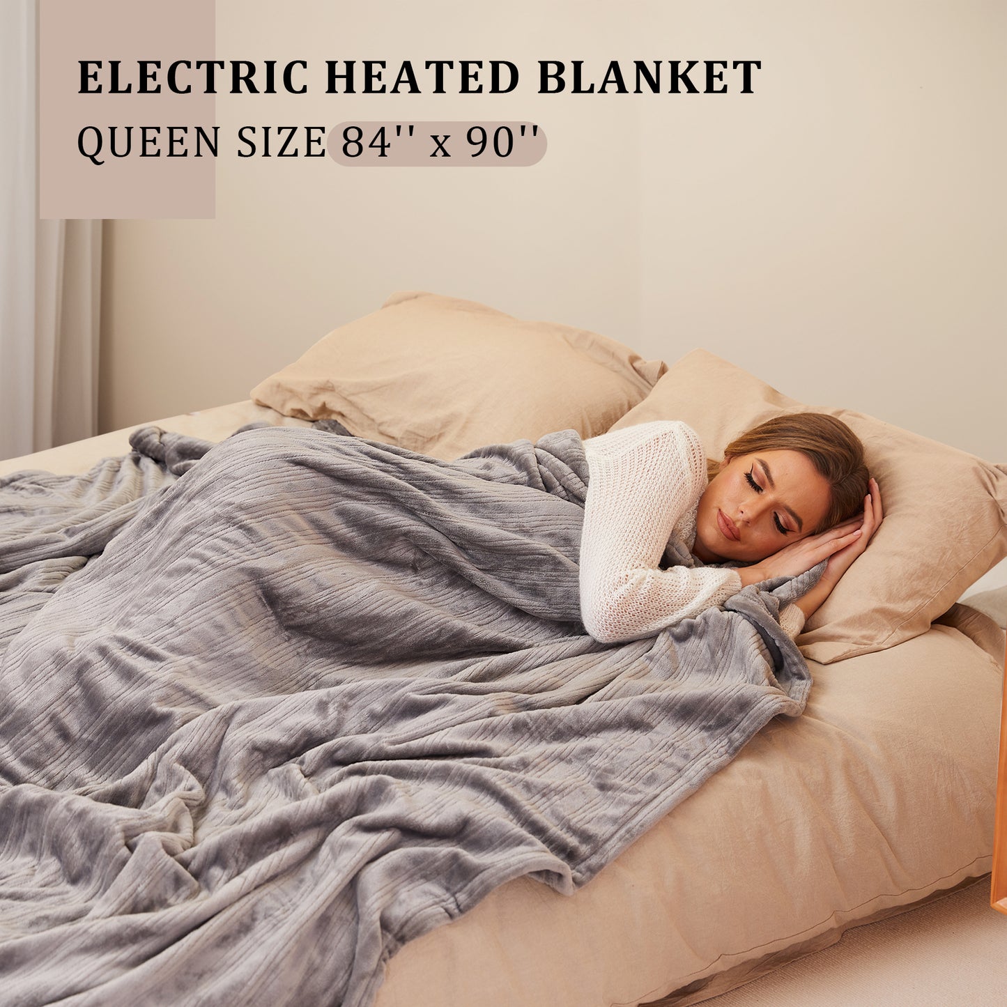 Electric Heated Blanket 84'' x 90'' Queen Size Flannel Machine Washable, Warm and Cozy all Night, Dual Control-Grey