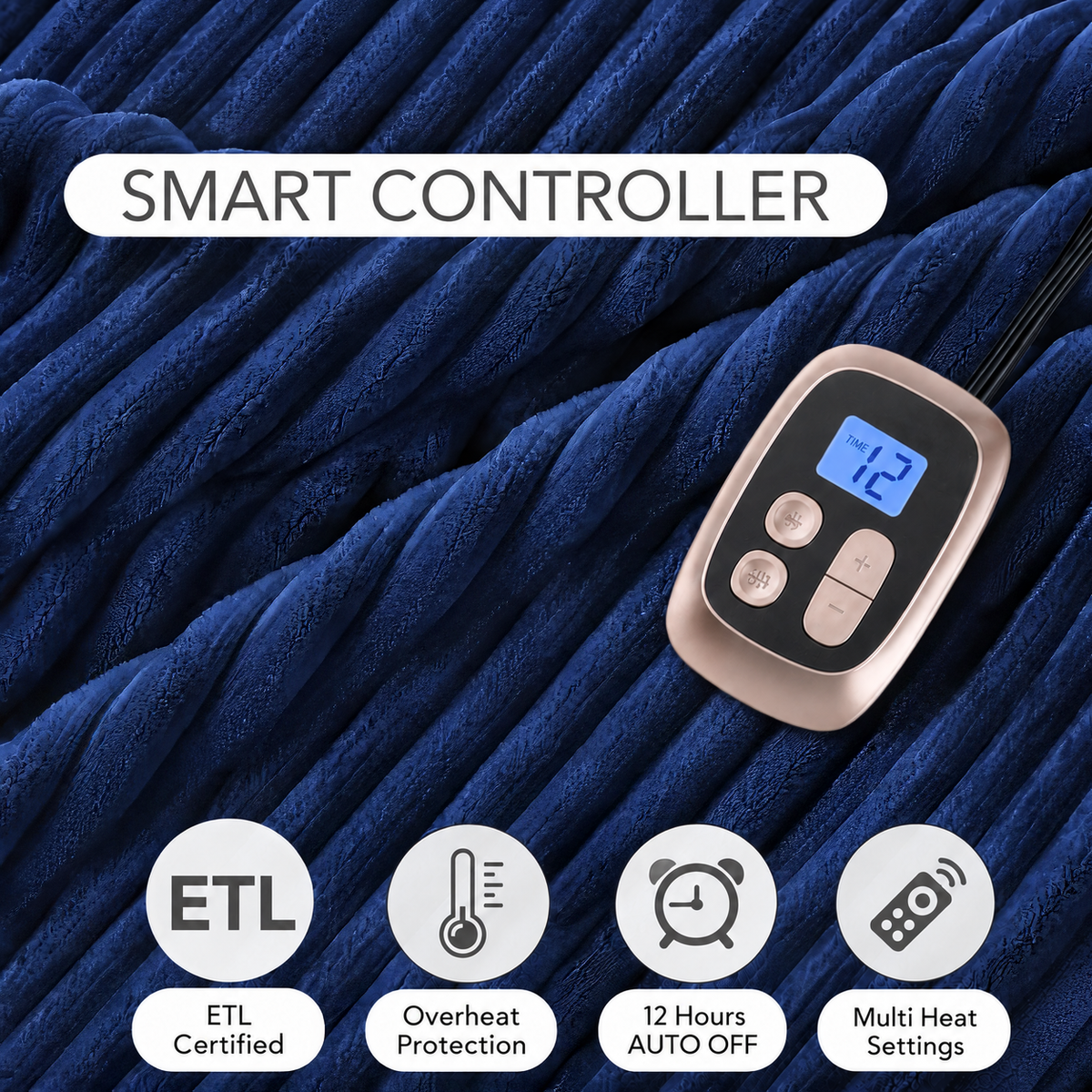 SUNNY HEAT Heated Electric Blanket Soft Flannel Full Size 72" x 84", Fast Heat, 10 Heating Settings & 12 Hours Auto Shut-off, Dark Blue