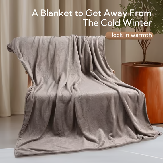 SUNNY HEAT Soft Flannel Blanket Super Warm & Comfortable Bed Blanket Twin Size, Light Gray