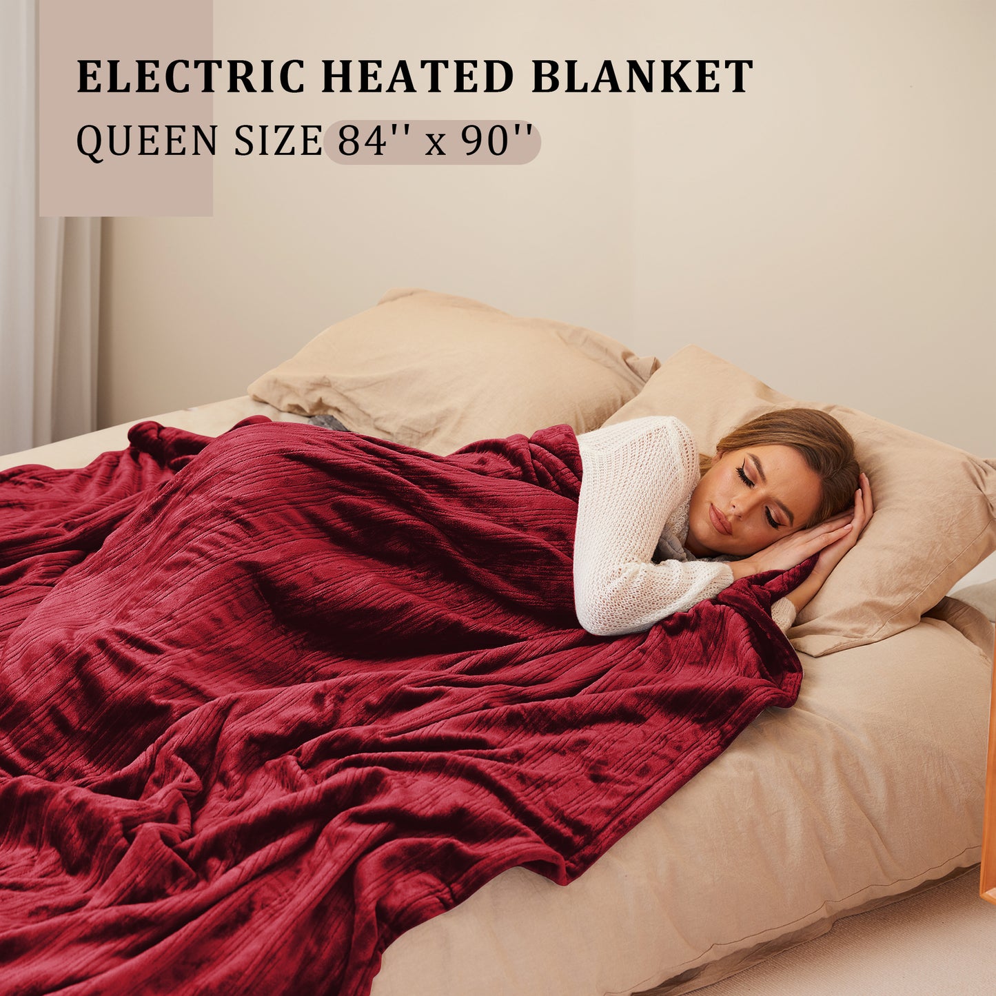 Electric Heated Blanket 84'' x 90'' Queen Size Flannel Machine Washable, Warm and Cozy all Night, Dual Control-Dark Red