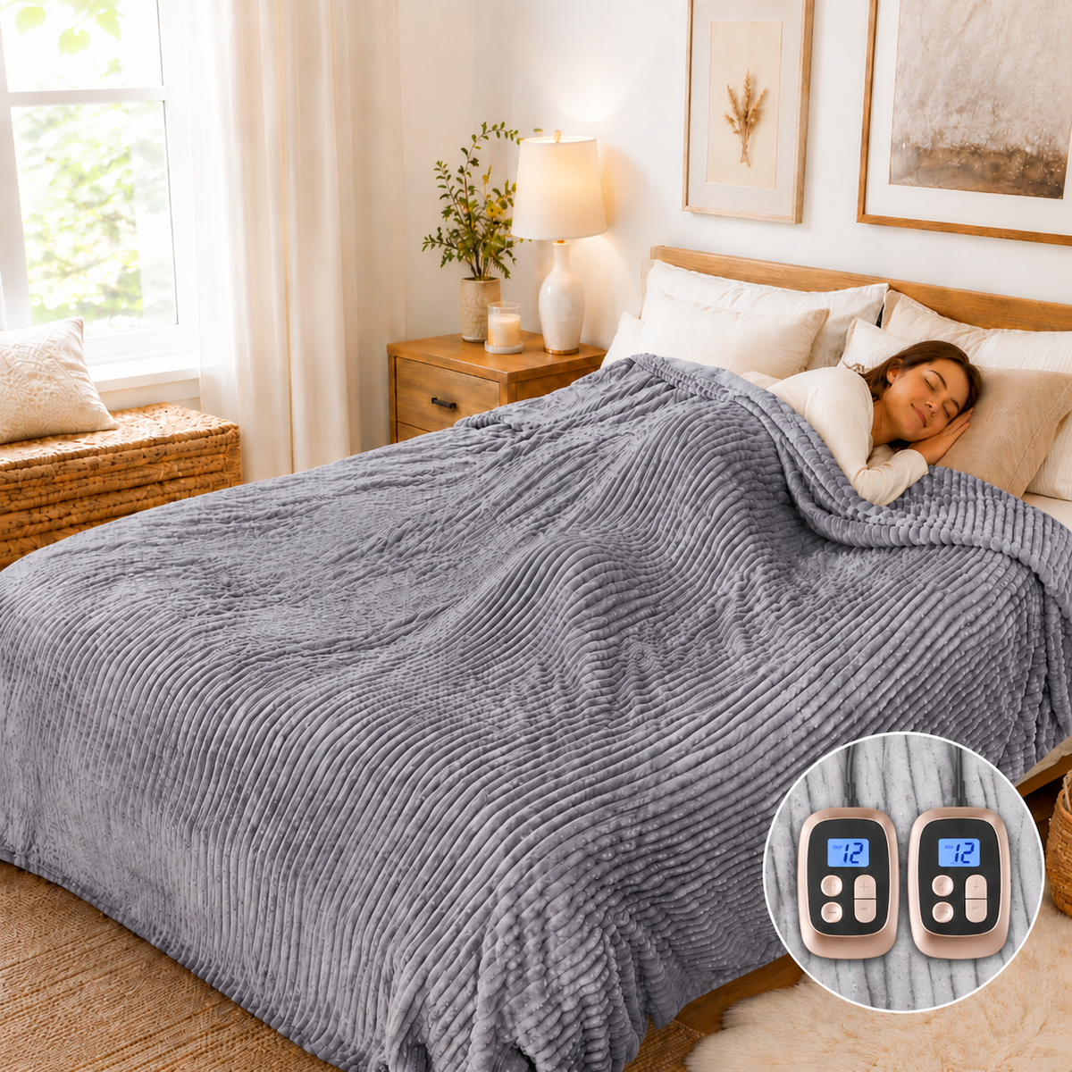 SUNNY HEAT Heated Electric Blanket Ribbed Flannel 84"x90" Queen Size - 10 Heating Settings & 2/4/6/8/10/12 Hours Auto off, Quick Heating Washable - Grey