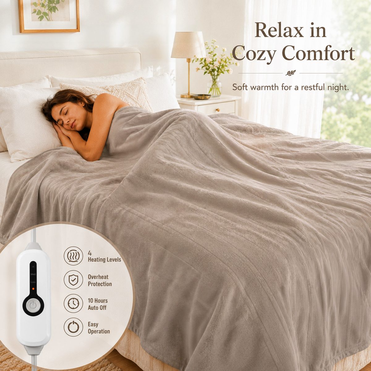 SUNNY HEAT Heated Electric Blanket Twin Size 62''x84''- 4 Heat Levels & 10 Hours Auto Off, Fast Heating & Over-Heat Protection, Light Brown