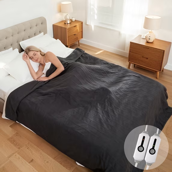 SUNNY HEAT Electric Heated Blanket - Queen 84"x90" Machine Washable Dual Control 10H Auto-Off , Dark Gray