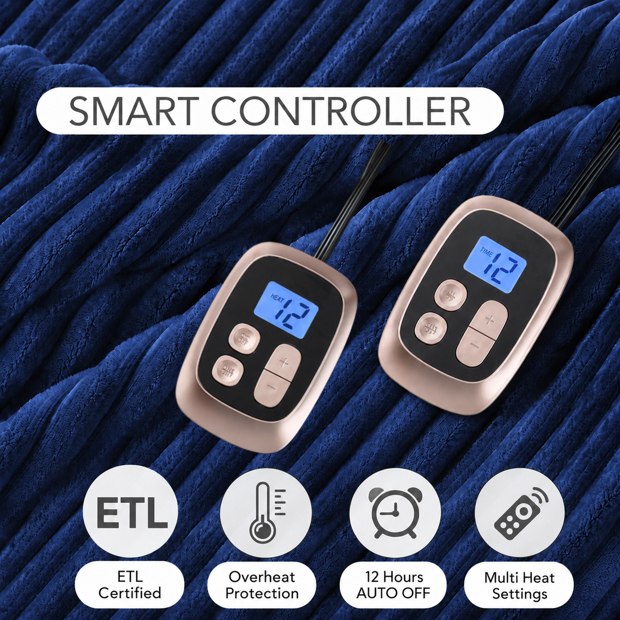 SUNNY HEAT Electric Heated Blanket 84'' x 90'' Queen Size Flannel Machine Washable, Warm and Cozy all Night, 9 Heating Levels & 1-10 Hours Auto Off Dual Control-Navy Blue