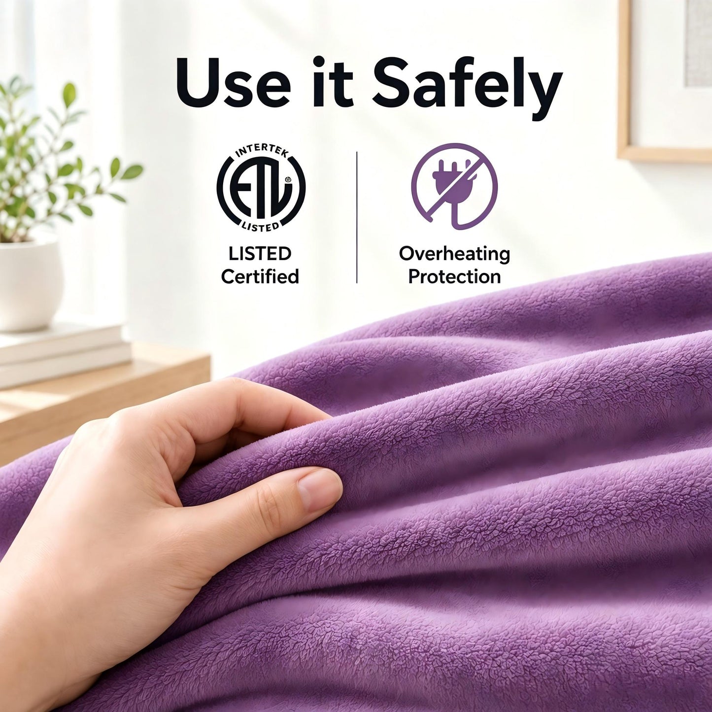 SUNNY HEAT Electric Blanket Heated Throw 50" x 60" -Fast Heating 9 Levels & 10H Auto off, Warm Soft Fannel Machine Washable, for Bed/Couch/Office, Dark Purple