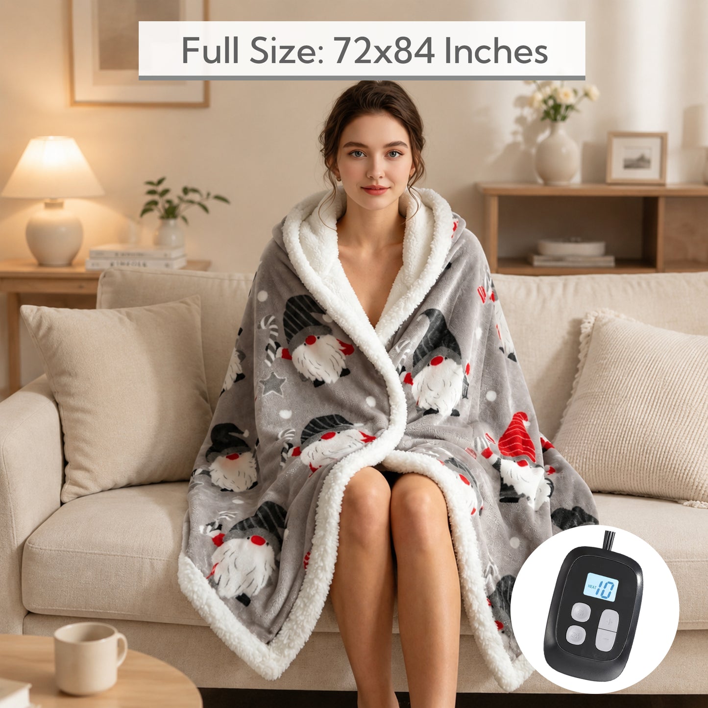 SUNNY HEAT Heated Electric Blanket Full Size 72'' x 84'' 6 Heating Levels & 1-10 Hours Auto Off , Machine Washable,Starlight Christmas