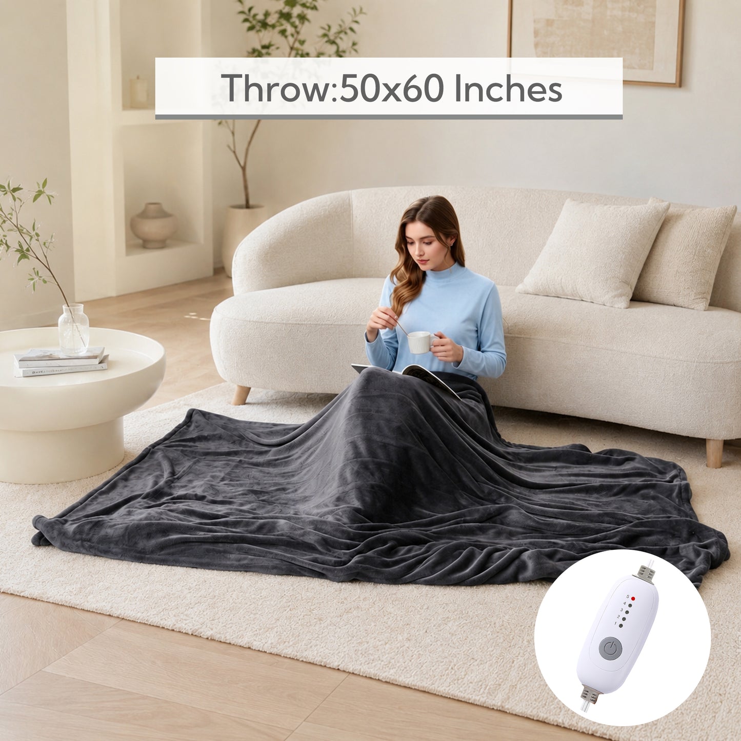 SUNNY HEAT Electric Heated Throw 50" x 60" Soft Flannel , 5 Levels Heating & 3Hs Auto off, Machine Washable, Dark Gray