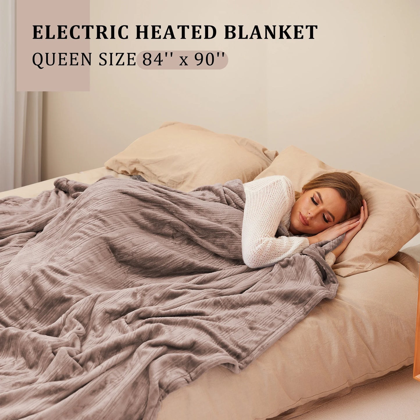 Electric Heated Blanket 84'' x 90'' Queen Size Flannel Machine Washable, Warm and Cozy all Night, Dual Control-Linen