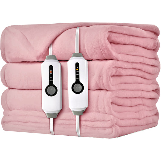 SUNNY HEAT Electric Heated Blanket Flannel Queen Size 84" x 90", 4 Heating Settings & 10 Hours Auto Off, Cozy Dual Control, Pink