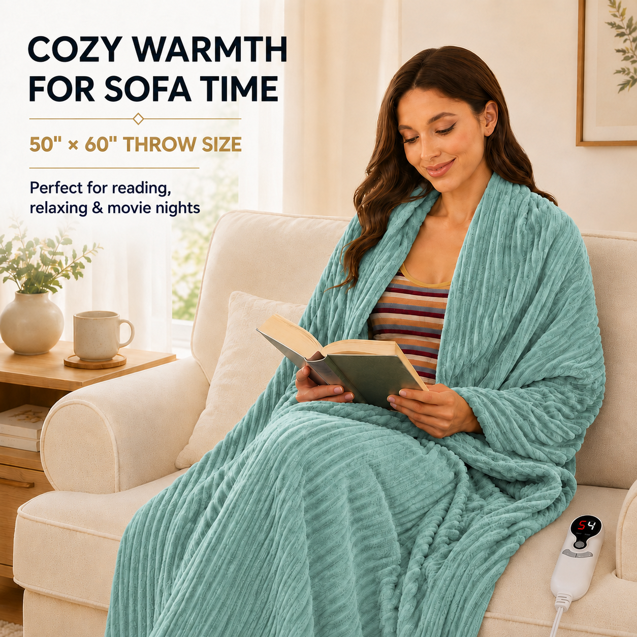 SUNNY HEAT Heated Electric Blanket Ribbed Flannel 50"x60" Throw Size - 9 Heating Levels & 1-10 Hours Auto Off, Thick and Warm Washable - Pea Green