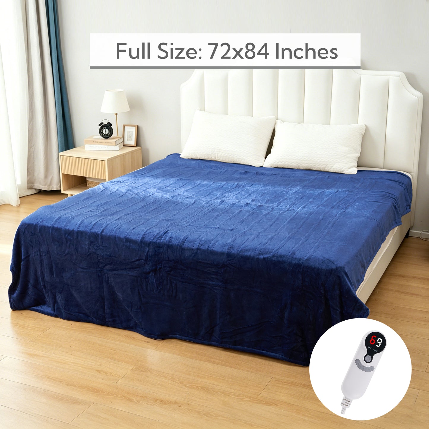 SUNNY HEAT Electric Heated Blanket Full Size 72" x 84" Soft Flannel with 9 Levels Heating & 10Hs Auto off, Machine Washable, Navy Blue