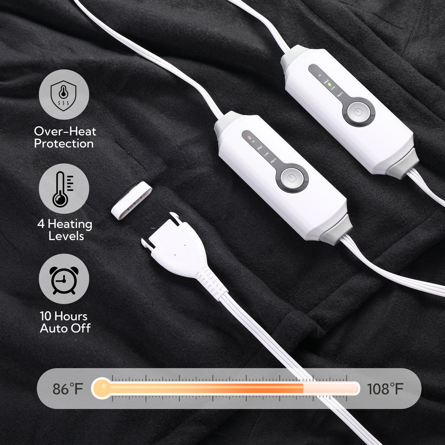 SUNNY HEAT Electric Heated Blanket - Queen 84"x90" Machine Washable Dual Control 10H Auto-Off , Dark Gray