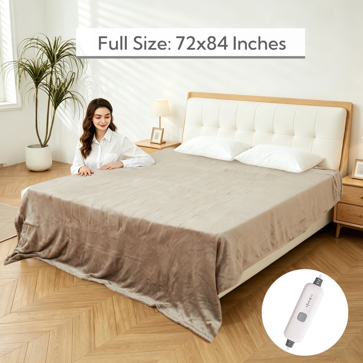 SUNNY HEAT Electric Heated Blanket Full Size 72" x 84" Soft Flannel with 4 Levels Heating & 10Hs Auto off, Machine Washable, Linen
