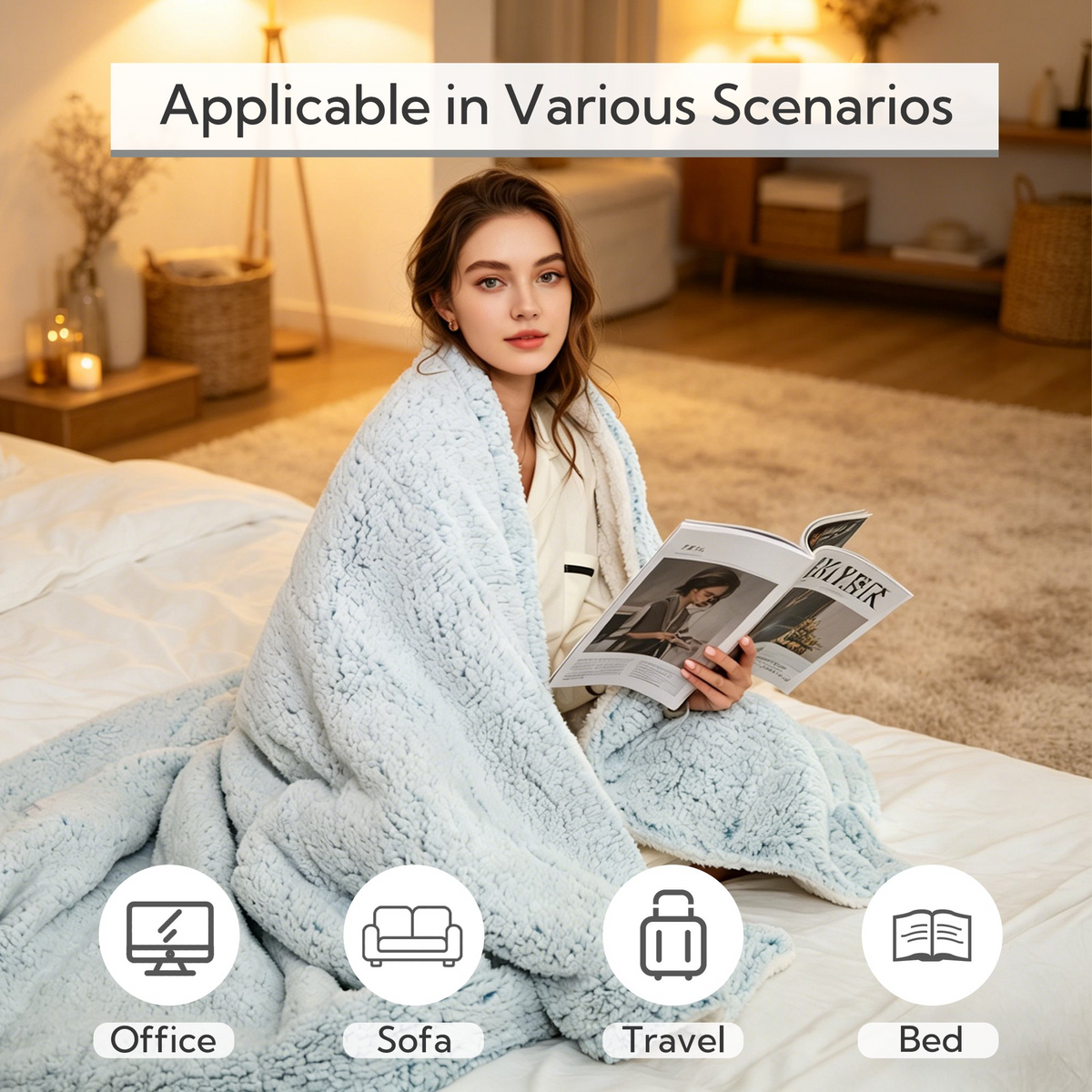 SUNNY HEAT Electric Heated Blanket Full Size 72" x 84" Soft Sherpa with 4 Levels Heating & 10Hs Auto off, Machine Washable, Moonlight Blue