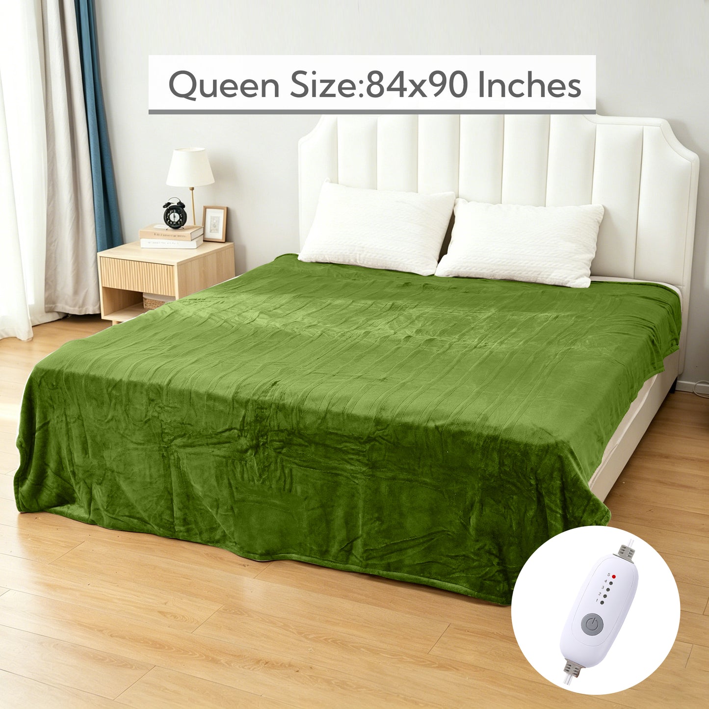 SUNNY HEAT Electric Heated Blanket Queen Size 84" x 90" Soft Flannel with 5 Levels Heating & 10Hs Auto off, Dual Controllers, Dual Zone Temperature Control, Light Grass Green