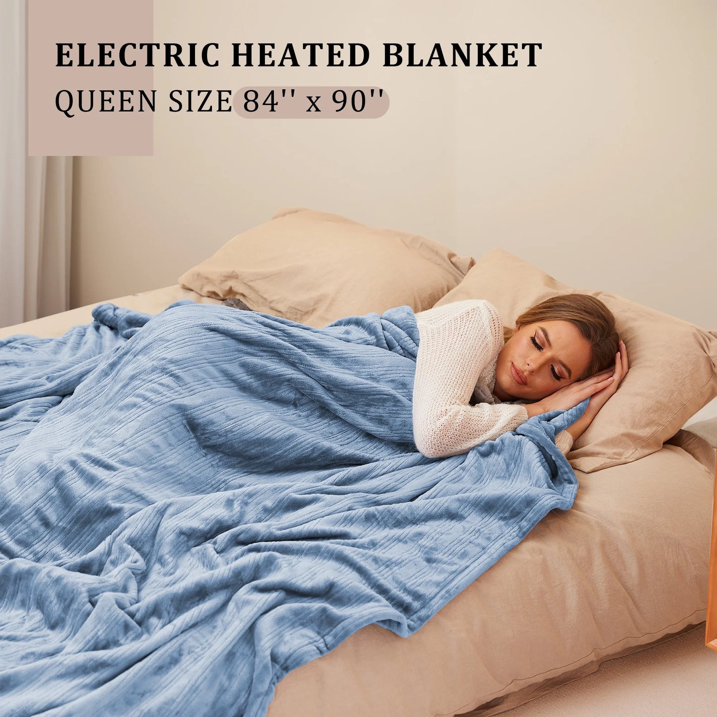 Electric Heated Blanket 84'' x 90'' Queen Size Flannel Machine Washable, Warm and Cozy all Night, Dual Control-Light Blue