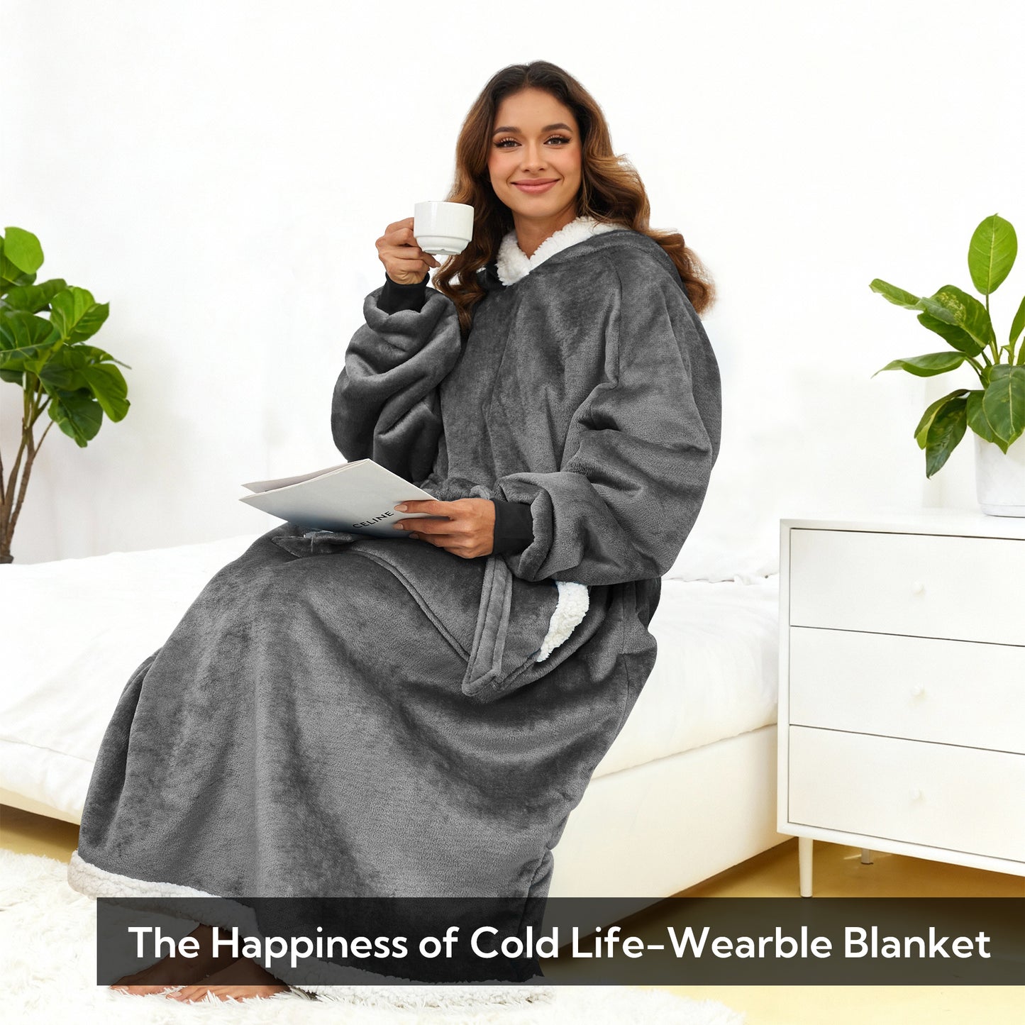 SUNNY HEAT Oversize Wearable Blanket, Light Grey - Warm Cozy for Bed Sofa Travel Use