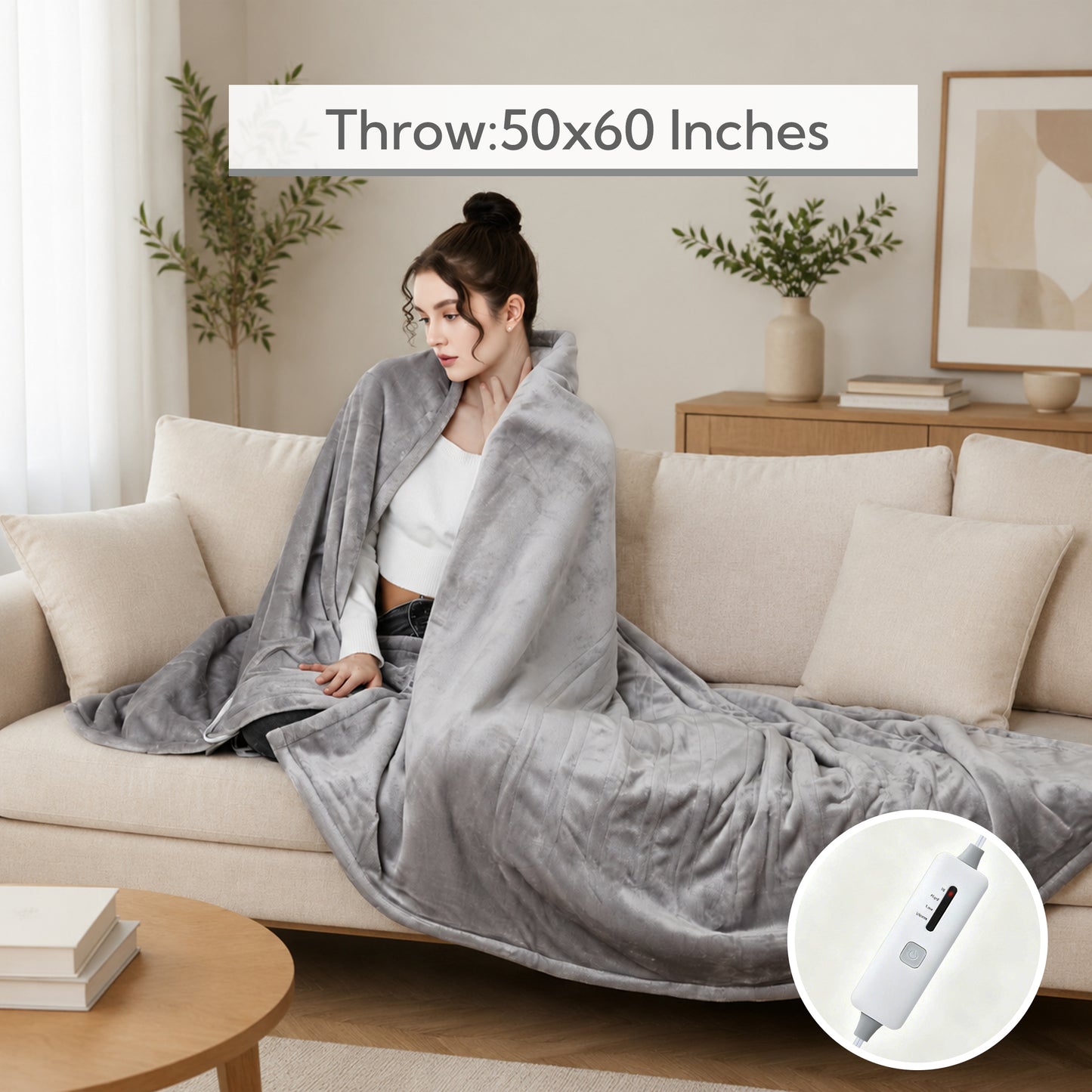 SUNNY HEAT Electric Heated Throw 50" x 60" Soft Flannel with Encrypted Heating Ducts, 4 Levels Heating & 3Hs Auto off, Machine Washable, Gray