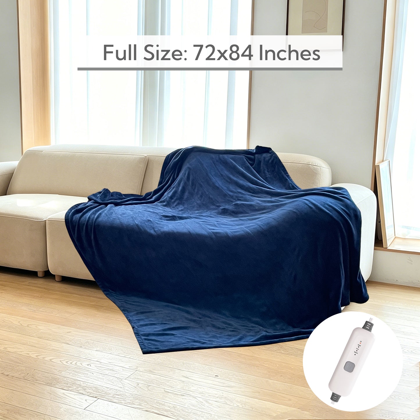 SUNNY HEAT Electric Heated Blanket Full Size 72" x 84" Soft Flannel with 4 Levels Heating & 10Hs Auto off, Machine Washable, Dark Navy