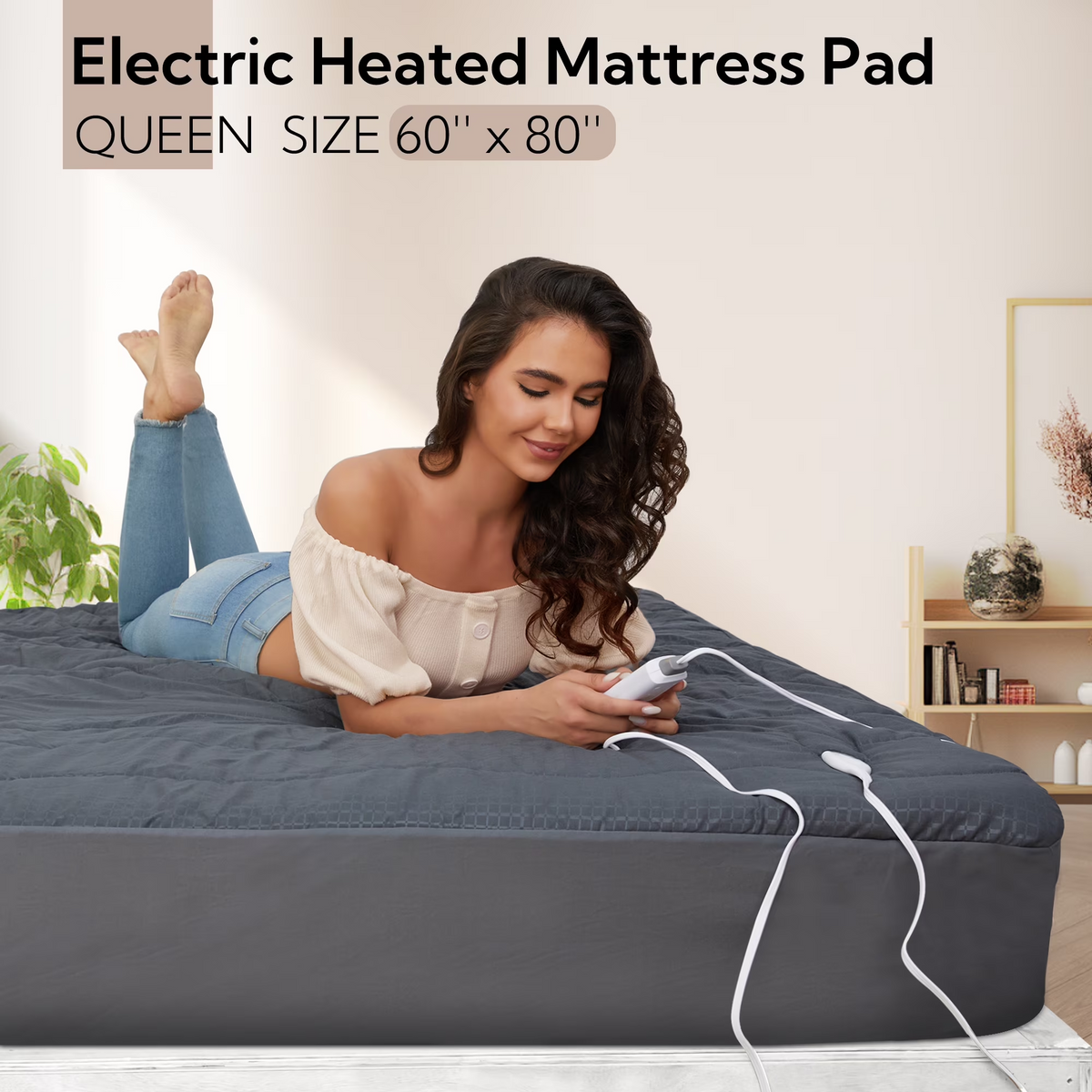 SUNNY HEAT Electric Heated Mattress Pad, Queen Size, 4 Heating Levels, 10-Hour Auto Off, Lightweight Polyester, Grey