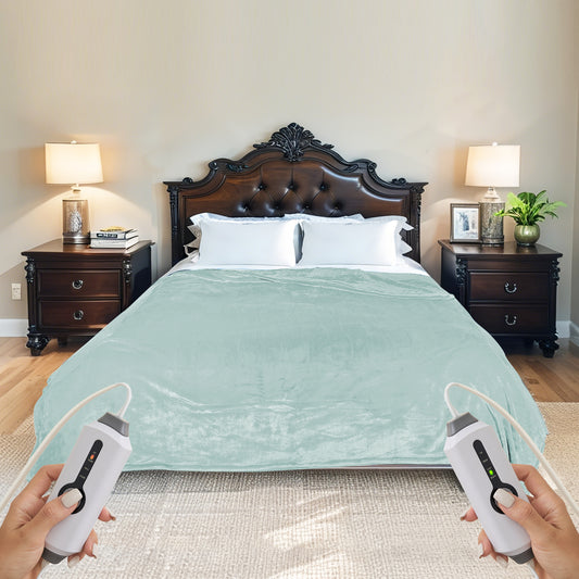 SUNNY HEAT Electric Heated Blanket Flannel King Size 90" x 100" Dual Control, 4 Heating Settings & 10 Hours Auto Off, Green