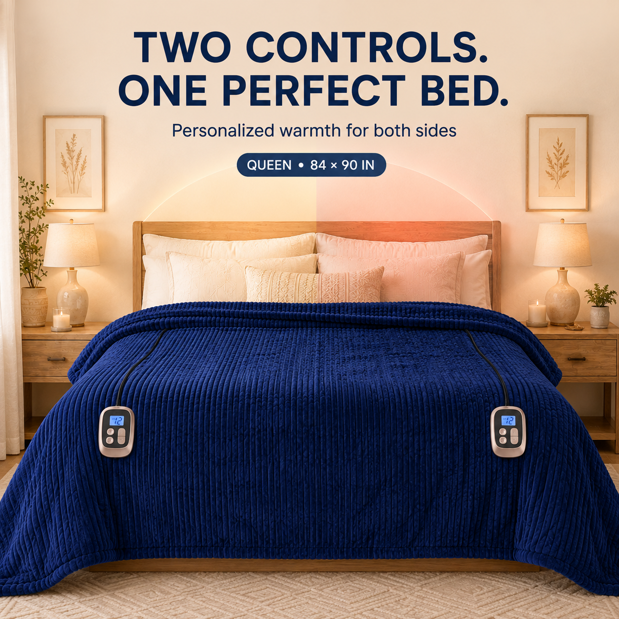 SUNNY HEAT Electric Heated Blanket 84'' x 90'' Queen Size Flannel Machine Washable, Warm and Cozy all Night, 9 Heating Levels & 1-10 Hours Auto Off Dual Control-Navy Blue