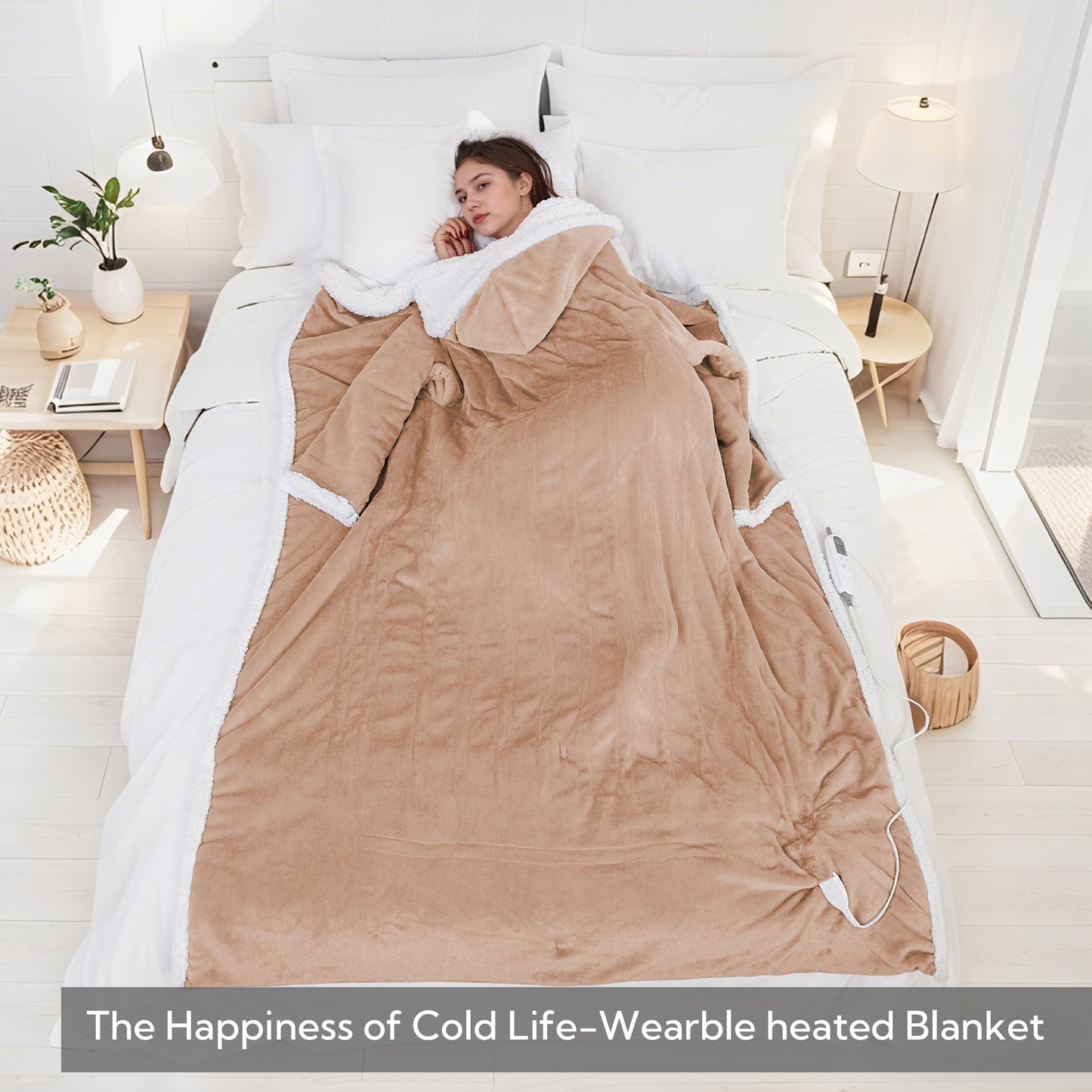 SUNNY HEAT Wearable Electric Heated Blanket 50"x70" , Soft Flanne & Cotton Fleecel,Warm and Cozy, Bed, Sofa,Travel Use,khaki