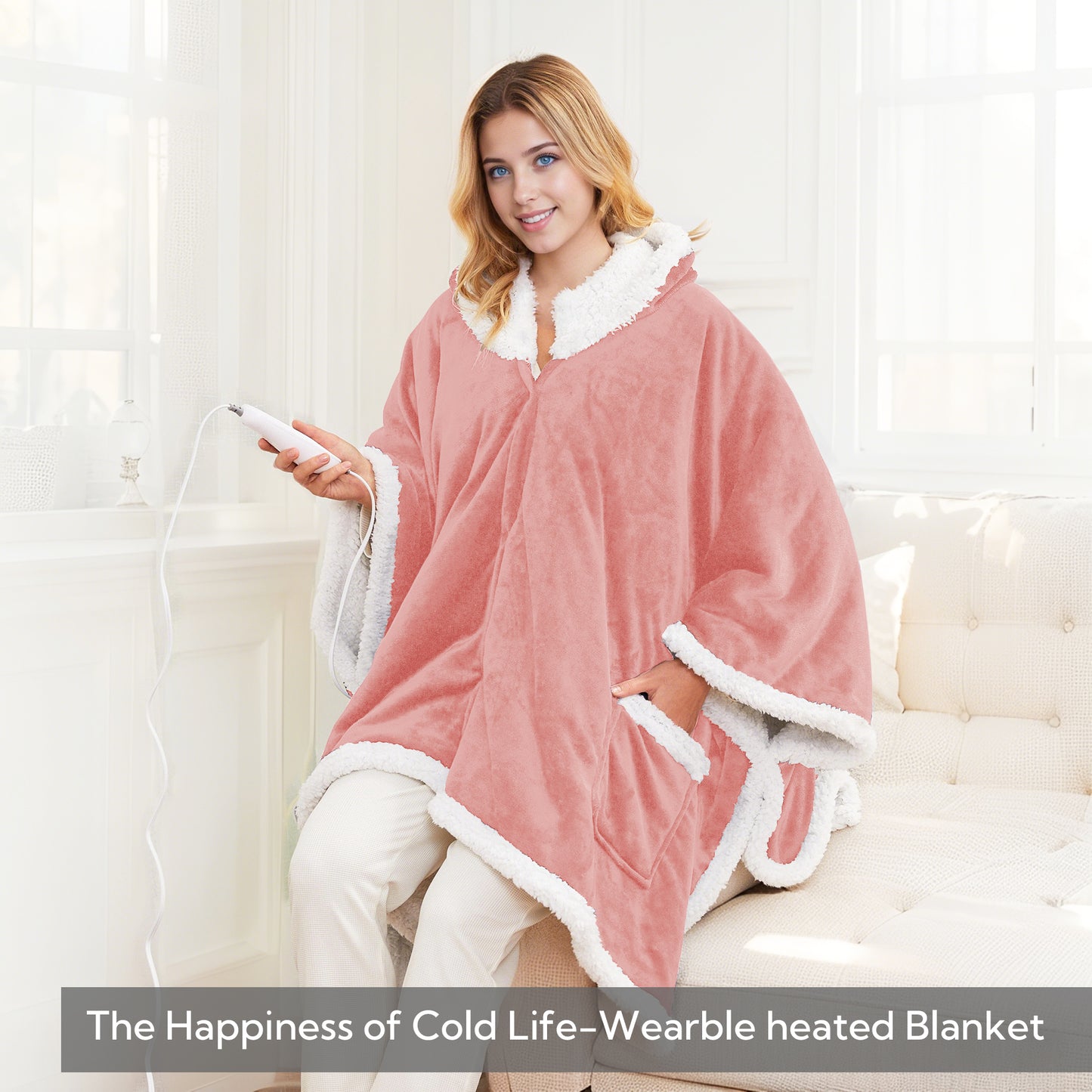SUNNY HEAT Wearable Electric Heated Blanket 56"x63" , Soft Flanne & Cotton Fleecel,Warm and Cozy, Bed, Sofa,Travel Use,Light pink