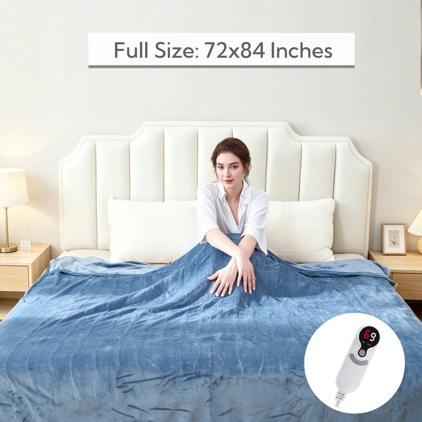 SUNNY HEAT Electric Heated Blanket Full Size 72" x 84" Soft Flannel with 9 Levels Heating & 10Hs Auto off, Machine Washable, Slate Blue