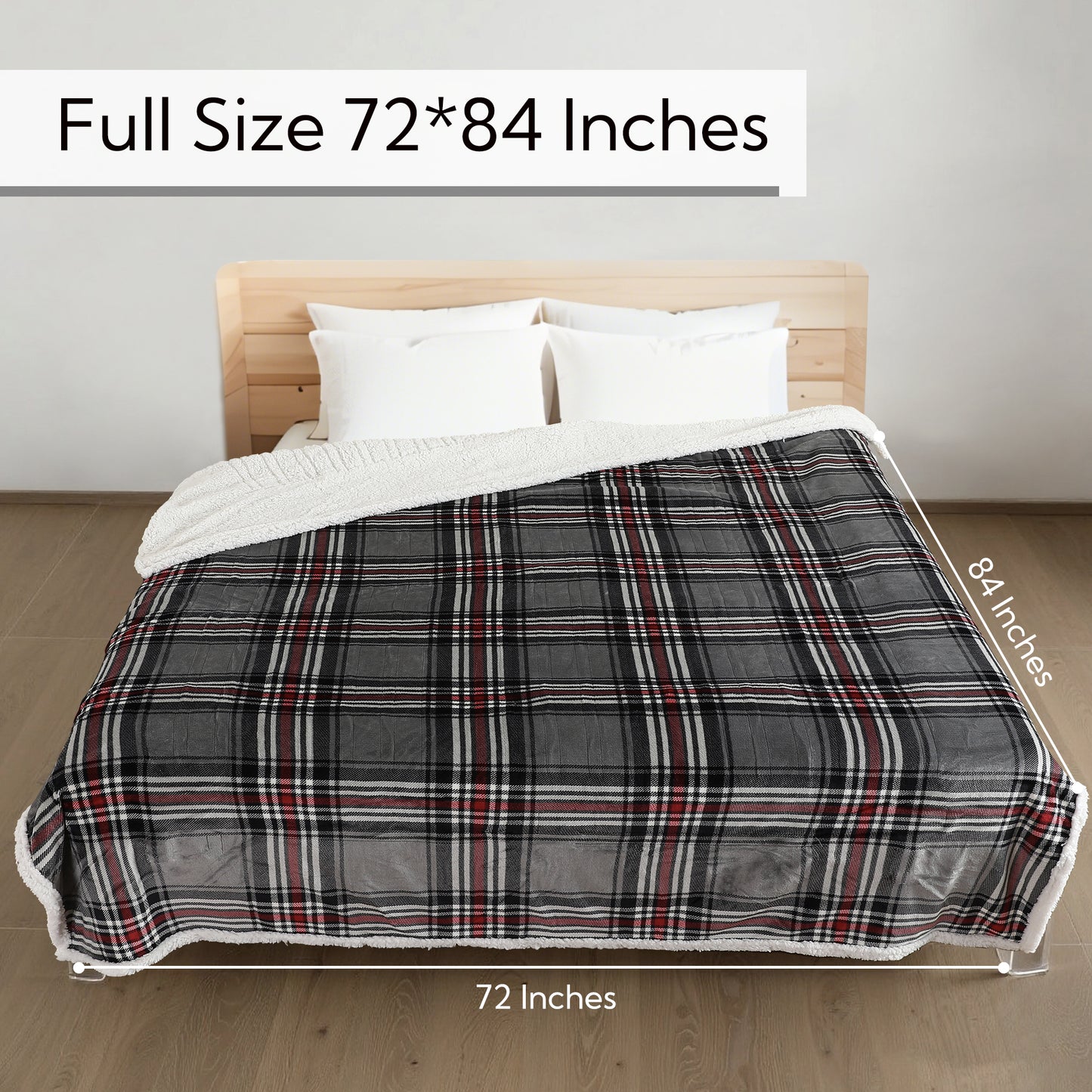 SUNNY HEAT Electric Heated Blanket 72"x84" Full Size, 10 Heating Levels & 12 H Auto Shut Off, Cotton & Microplush Plaid, Gray & Red