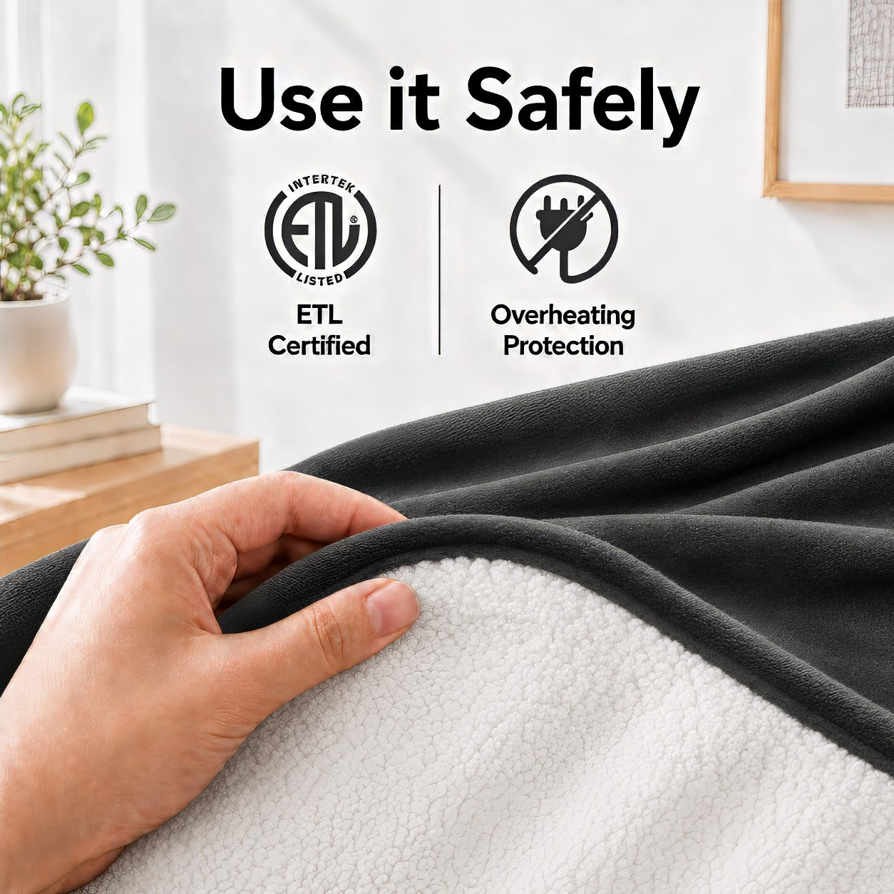 SUNNY HEAT Flannel Heated Blanket King 90"×100", 4 Heat Settings, 10H Auto Off, Washable, Dark Grey