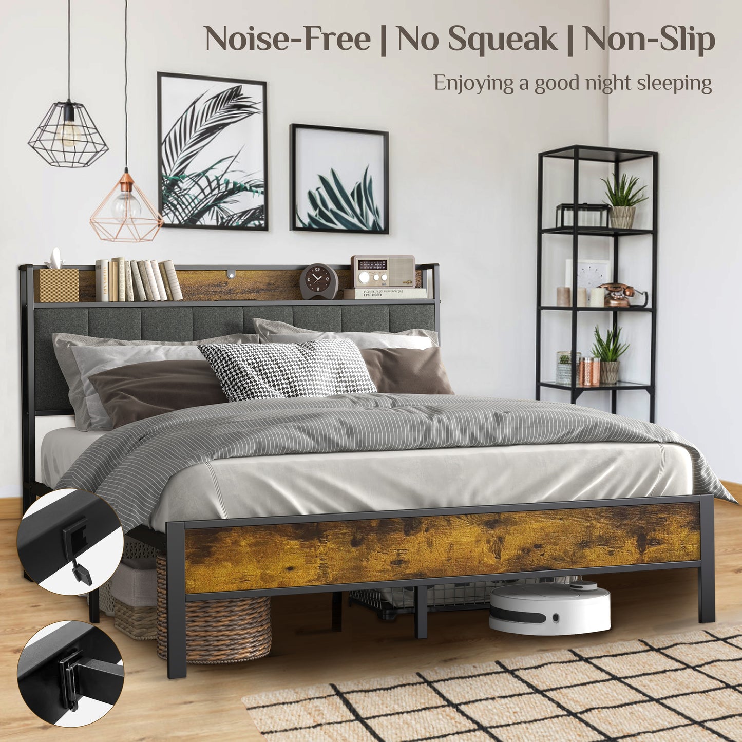 Bedframe with King Size Soft Headboard and Charging Stations, Heavy-duty Metal Platform,Easy to Assemble, Noise Free - Log Brown