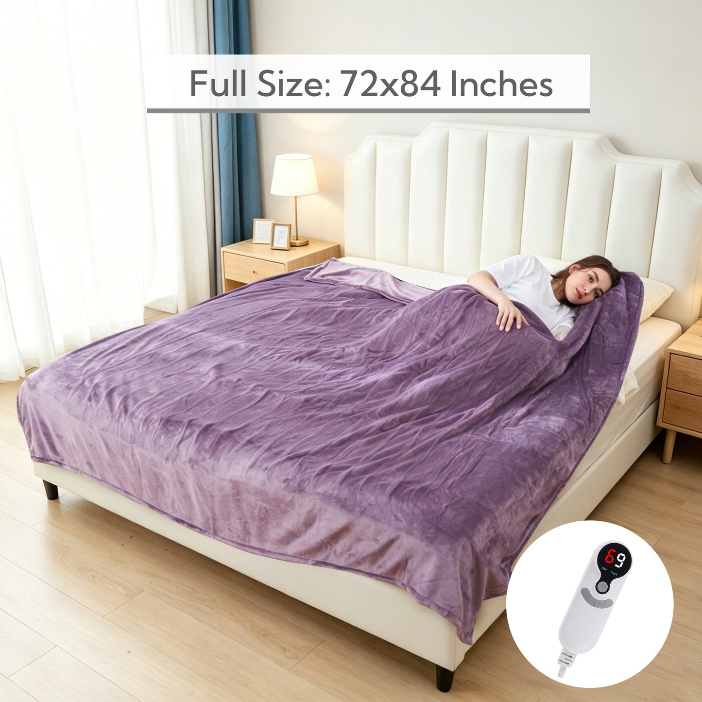 SUNNY HEAT Electric Heated Blanket Full Size 72" x 84" Soft Flannel with 9 Levels Heating & 10Hs Auto off, Machine Washable, Crystal Purple